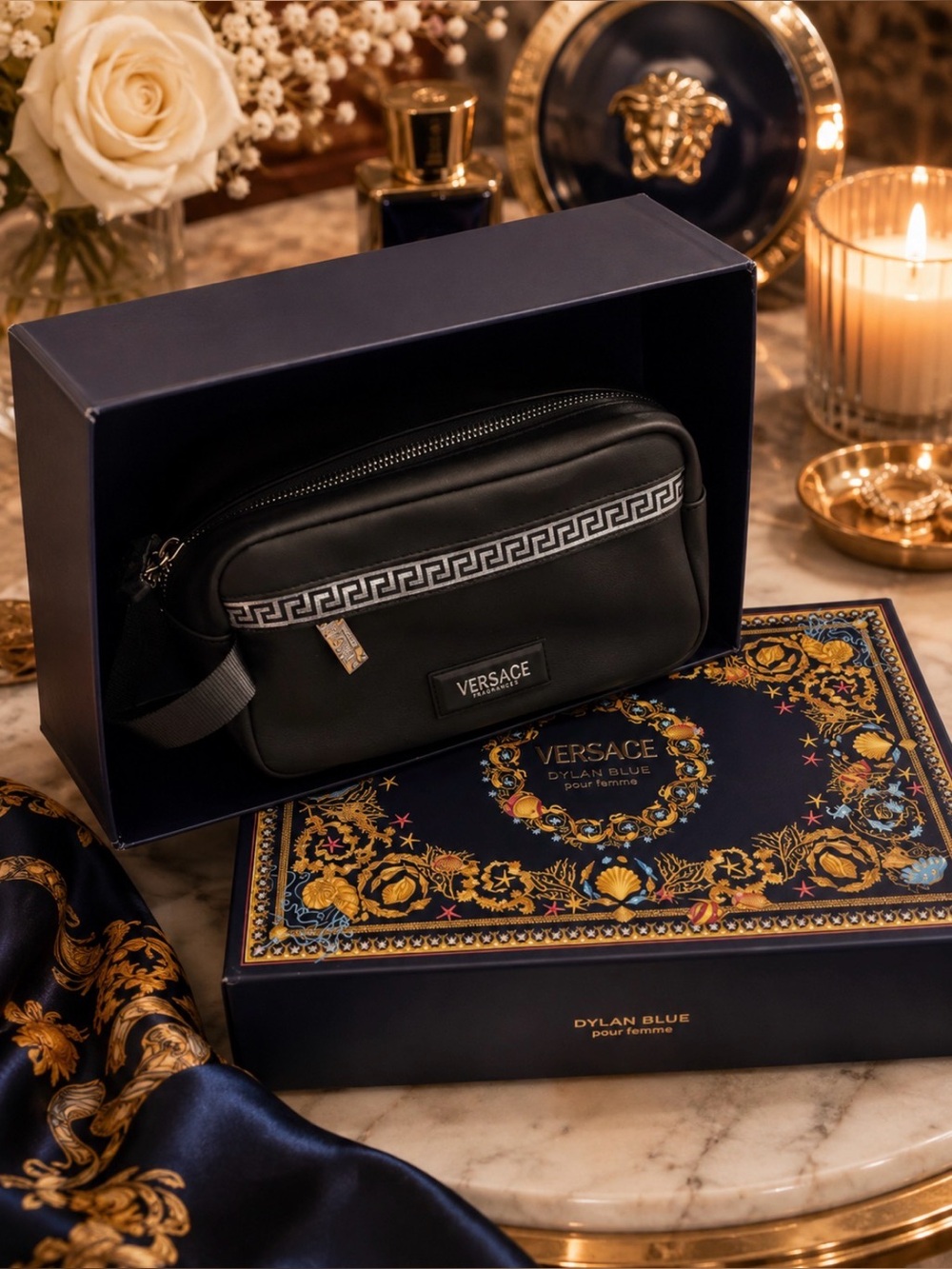 Versace Black Leather Cosmetic Pouch with Silver Greca Trim
